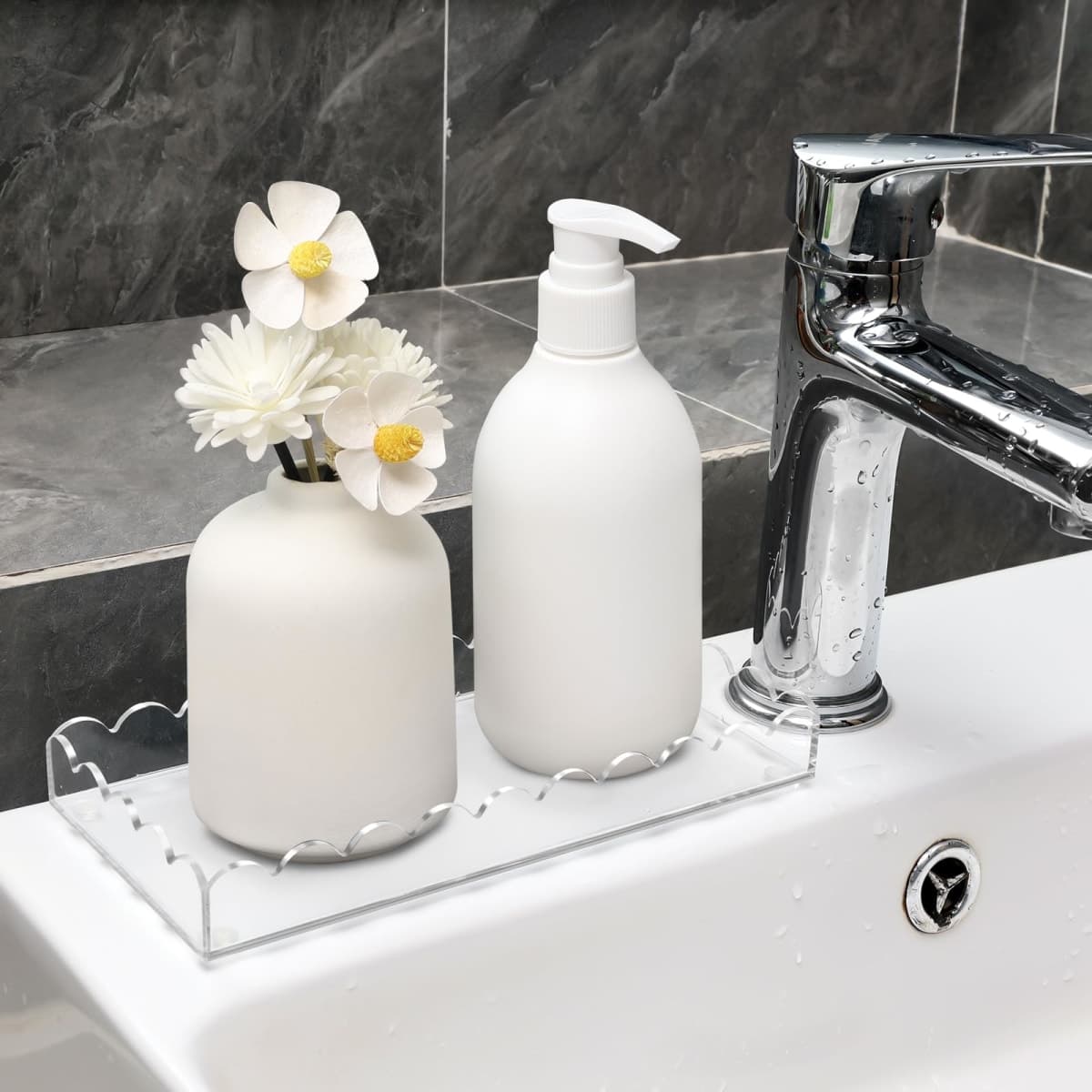 Acrylic Bathroom Vanity Tray 7.9", Soap Dispenser Decorative Scalloped Tray for Bathroom Kitchen Living Room Decor Vanity Perfume thumbnail 4