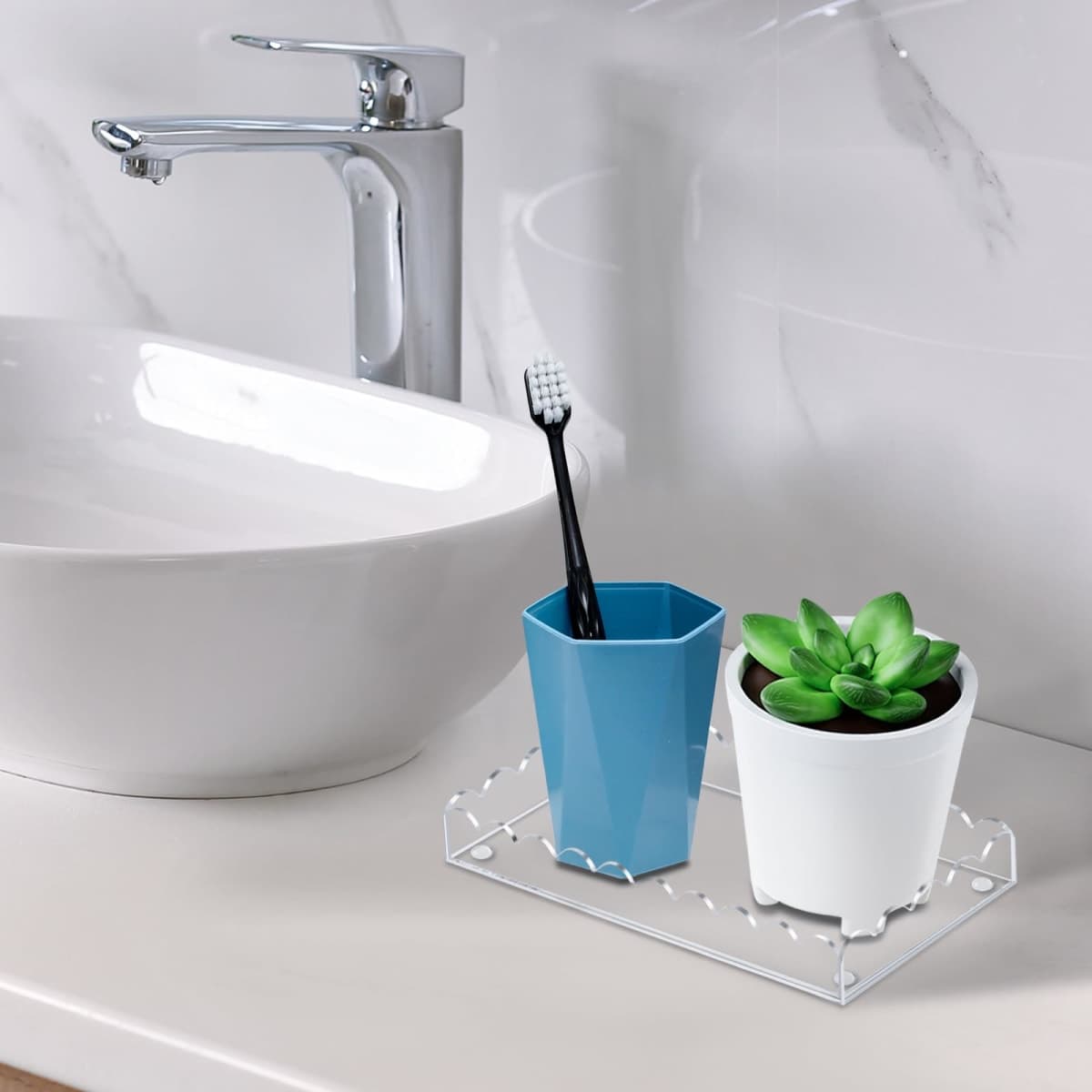 Acrylic Bathroom Vanity Tray 7.9", Soap Dispenser Decorative Scalloped Tray for Bathroom Kitchen Living Room Decor Vanity Perfume thumbnail 5