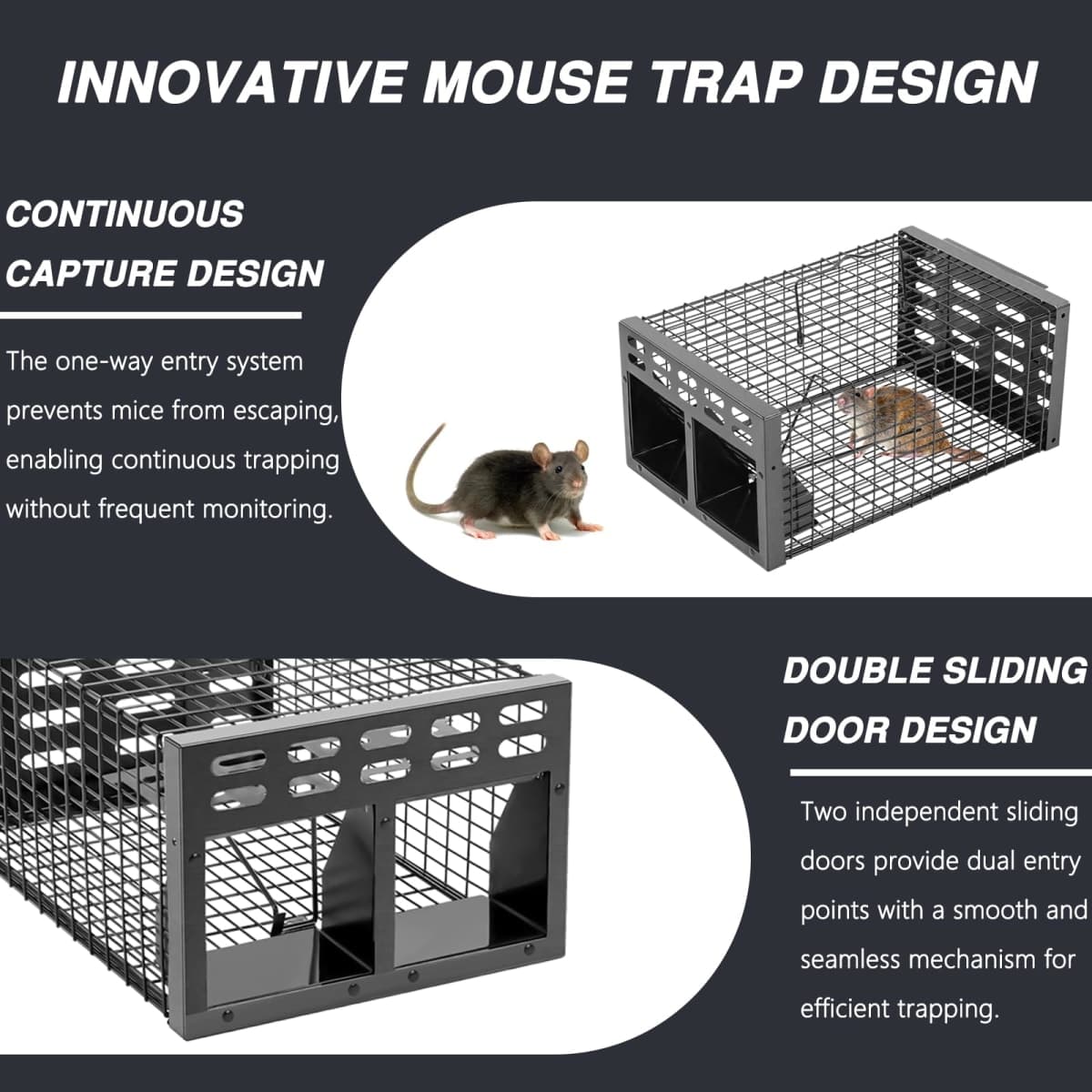 WHJIACHU Rat Trap, Humane Live Rat Trap & Automatic Reset Mouse Traps with Dual One-Way Door Design – Catch and Release for Mice, Chipmunks, Hamsters, and Other Rodents, Indoors & Outdoors(Black) thumbnail 5