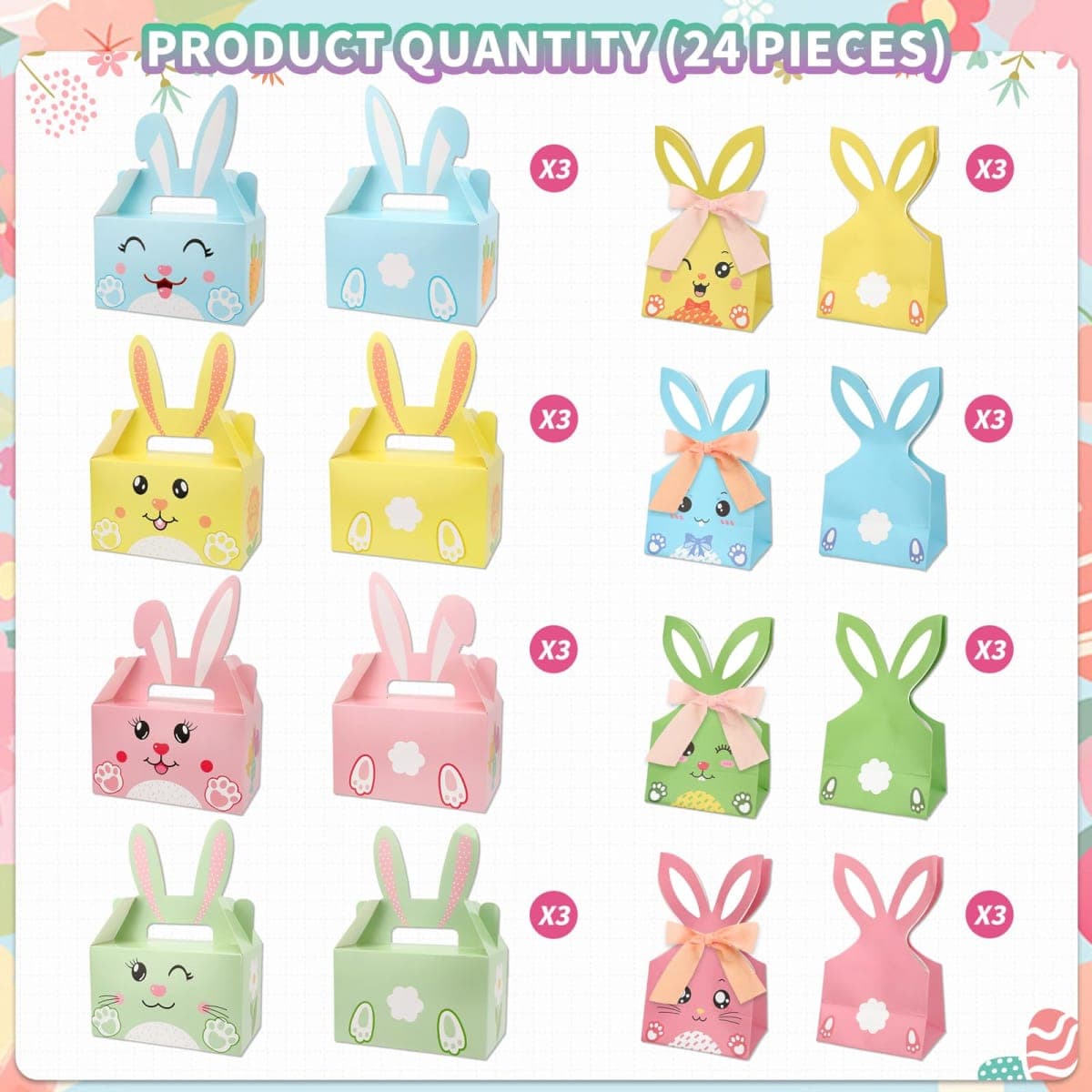 Qpout 24 Pack Easter Treat Boxes with Bunny Ears 2 Styles Bulk Mini Easter Baskets for Party Favors Egg Fillers Classroom Gifts Includes 2 Rolls String thumbnail 4