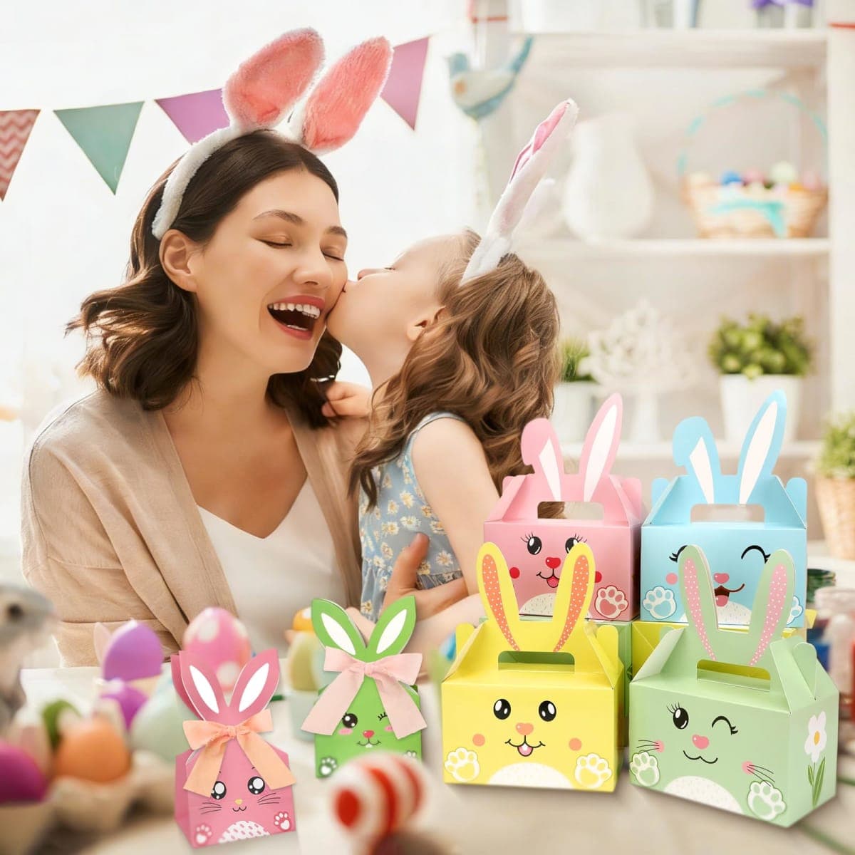 Qpout 24 Pack Easter Treat Boxes with Bunny Ears 2 Styles Bulk Mini Easter Baskets for Party Favors Egg Fillers Classroom Gifts Includes 2 Rolls String thumbnail 5