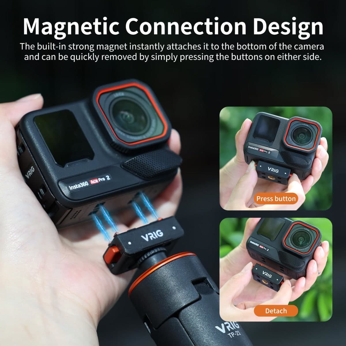 VRIG Magnetic Quick Release Mount for Insta 360 ACE/ACE PRO/ACE PRO 2 / X5, Quick & Convenient, 1/4 Screw Thread Adapter for Tripod, Extension Rod thumbnail 4