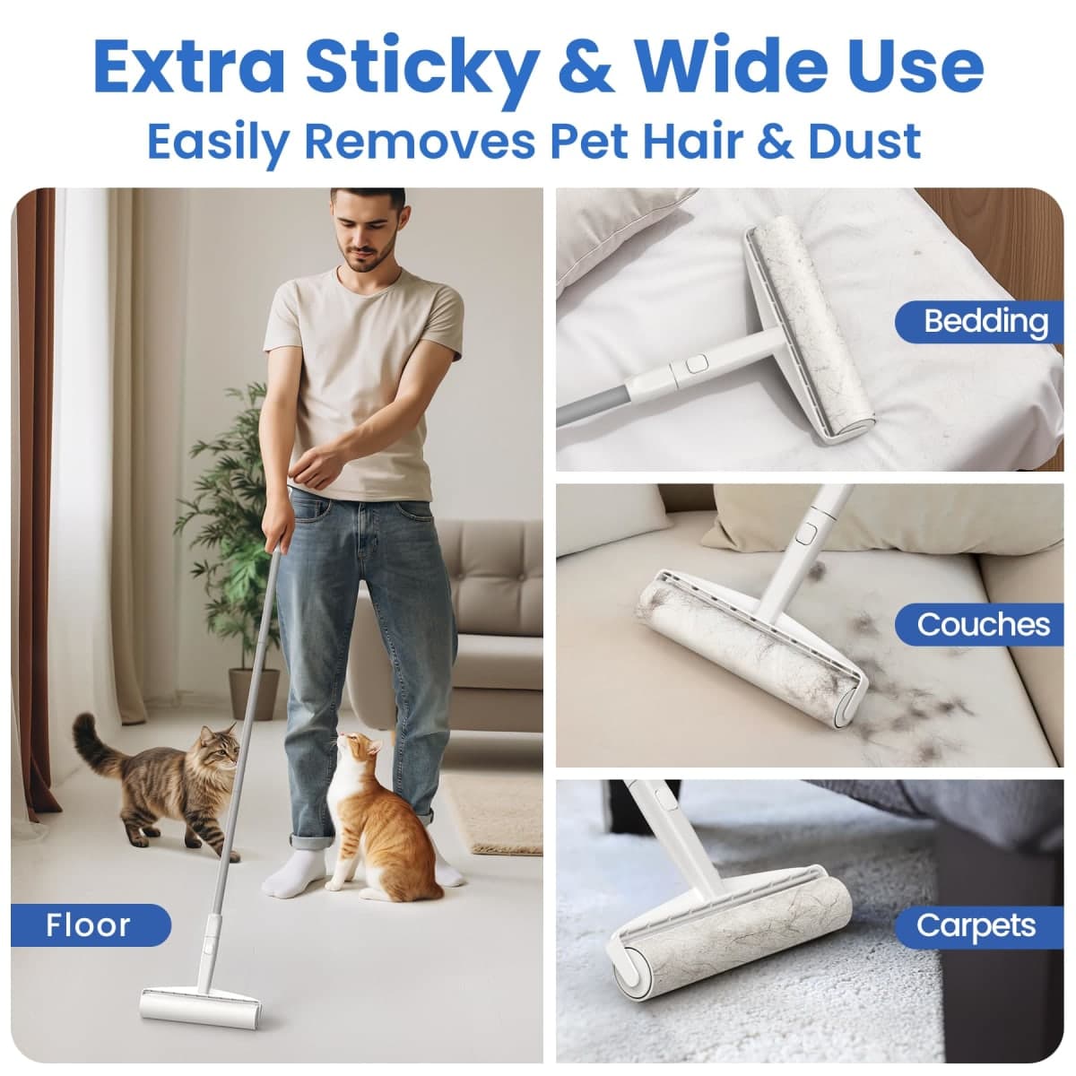 Large Lint Rollers for Carpet, Sticky Rollers for Floor DELOMO 9.45 in with 3 Extendable Handle,Long Handle Sticky Mop for Cleaning Carpets, Cars, Clothing, thumbnail 3