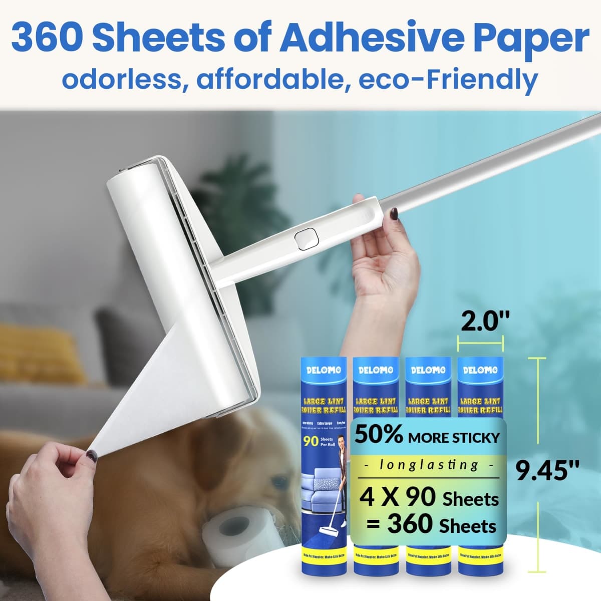 Large Lint Rollers for Carpet, Sticky Rollers for Floor DELOMO 9.45 in with 3 Extendable Handle,Long Handle Sticky Mop for Cleaning Carpets, Cars, Clothing, thumbnail 5