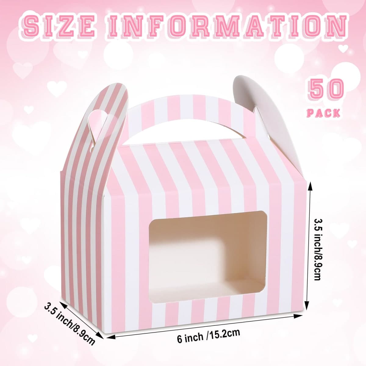Mooliwe 50 Pcs Pink and White Striped Gable Boxes for Party Favors Bulk Party Favors Pink Small Paper Treat Goodie Box with Clear Window Handle for Baby Shower Birthday Wedding (6 x 3.5 x 3.5 Inch) thumbnail 2