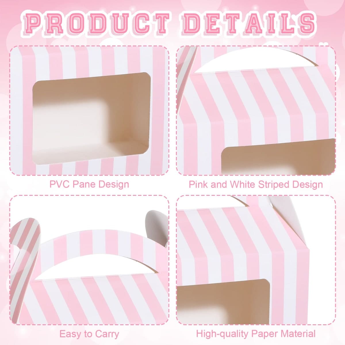 Mooliwe 50 Pcs Pink and White Striped Gable Boxes for Party Favors Bulk Party Favors Pink Small Paper Treat Goodie Box with Clear Window Handle for Baby Shower Birthday Wedding (6 x 3.5 x 3.5 Inch) thumbnail 3