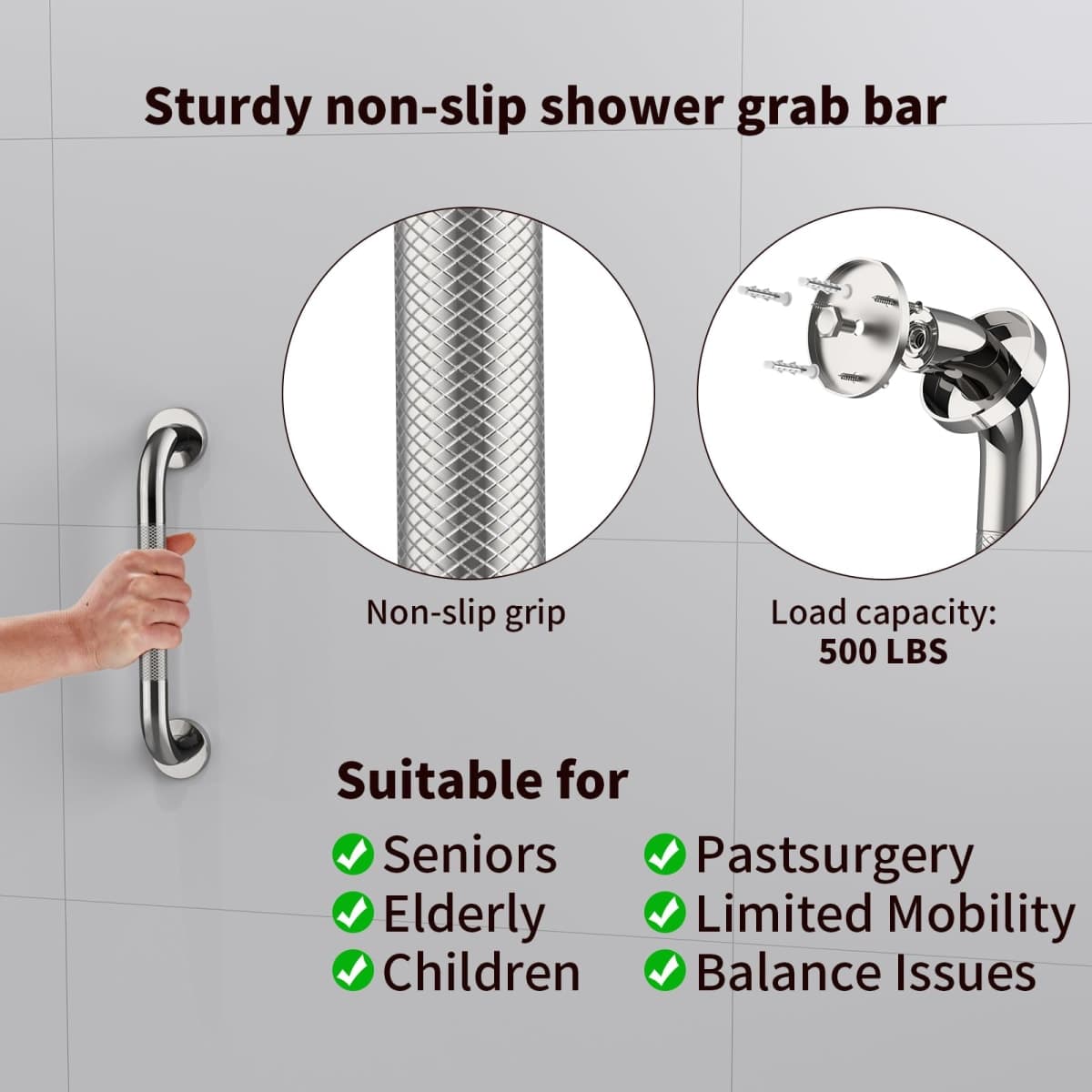 2 Pack 12 Inch Anti Slip Shower Grab Bar Handle, ZUEXT Chrome Stainless Steel Bathroom Grab Bar, Knurled Bathroom Balance Bar,Safety Hand Rail Support,Handicap Elderly Injury Senior Assist Bath Handle thumbnail 5