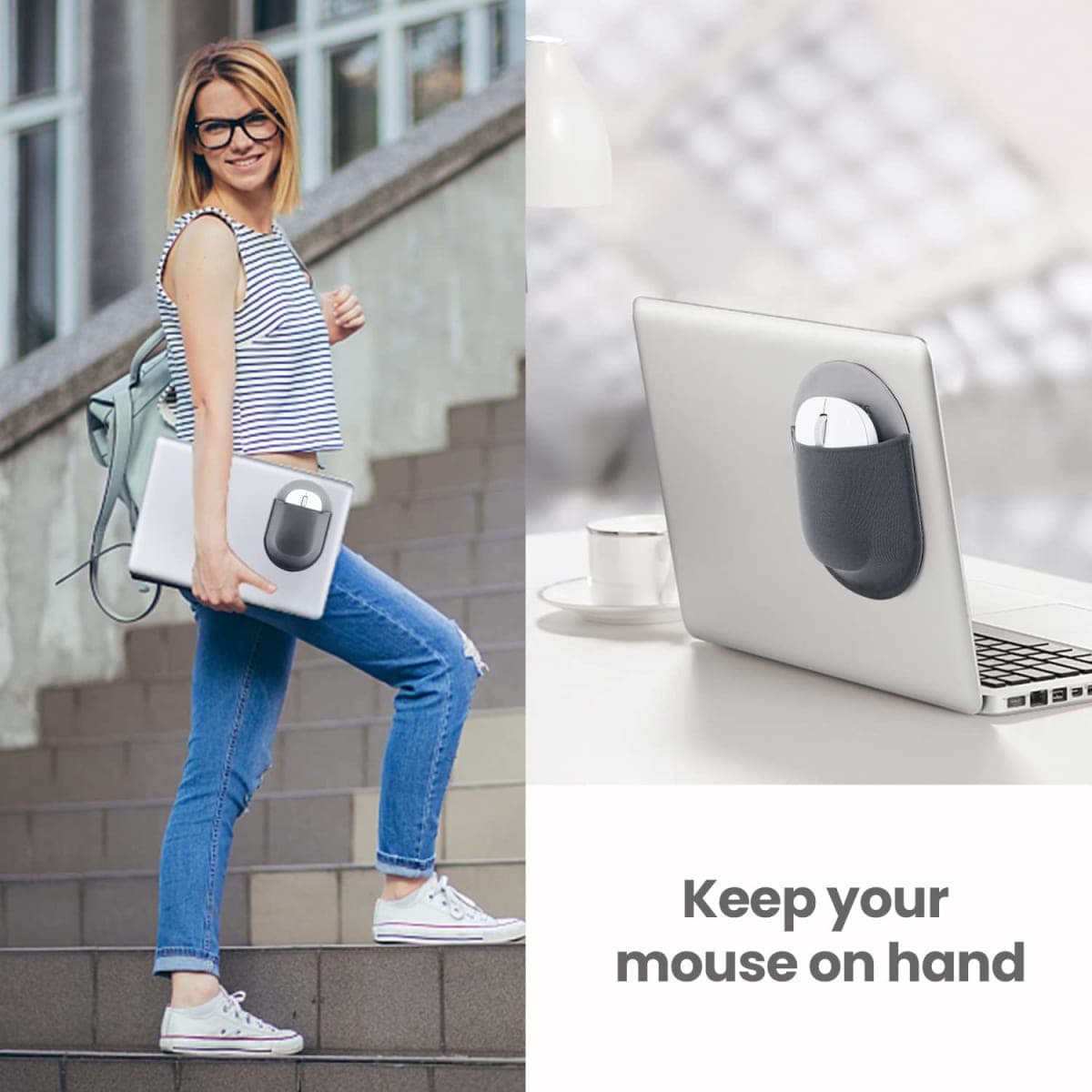 Epessa Universal Stick-On Mouse Pouch, Holder for Wireless Mouse, Sleeve for Laptop, Reusable Adhesive, No Glue Residue, Compatible with iPad or MacBook (Grey) thumbnail 2