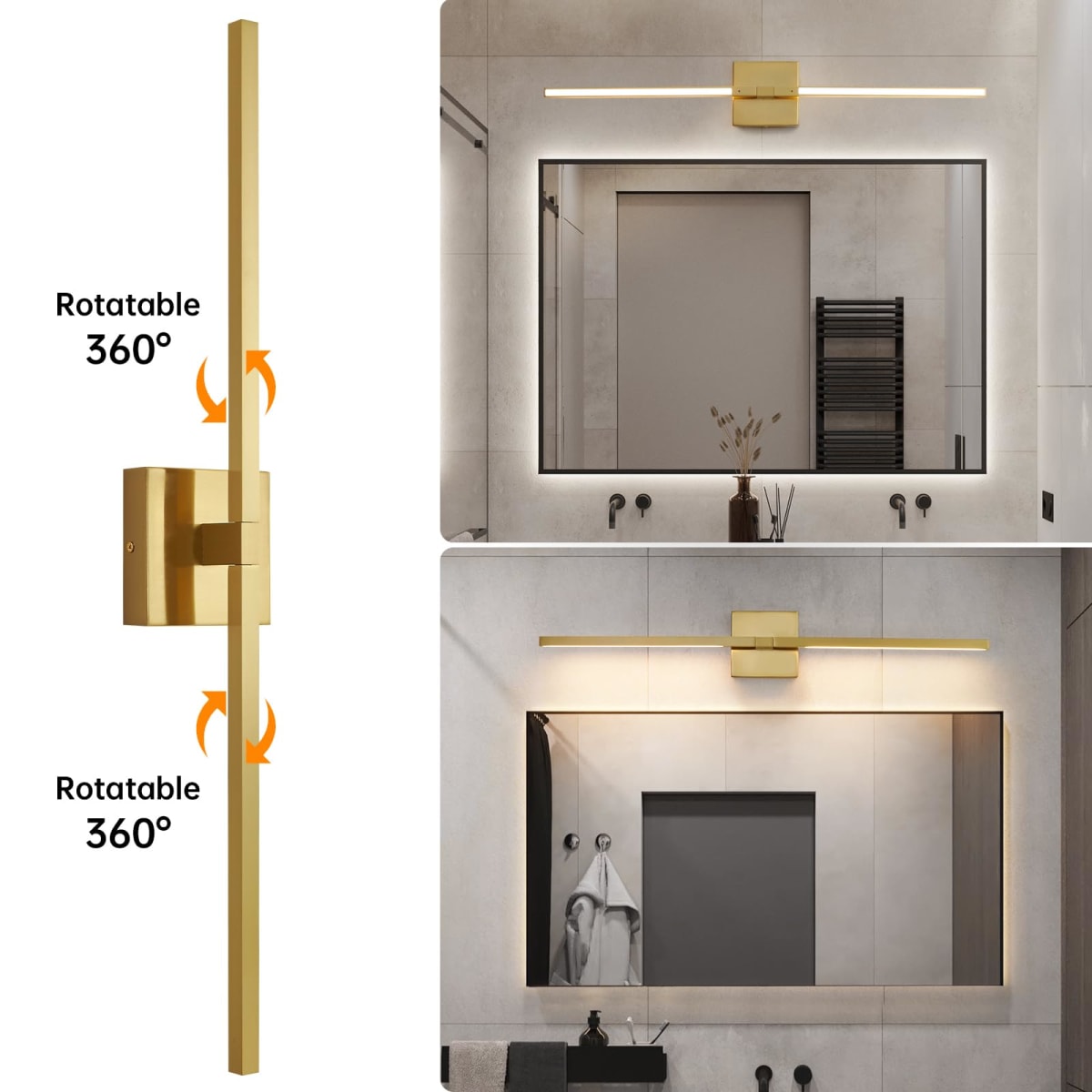 Gold Bathroom Vanity Light Fixtures - 30 inch Rotatable Modern Vanity Wall Lights for Bathroom with 3500K Warm Light Brushed Bathroom Sconce Over Mirror thumbnail 2