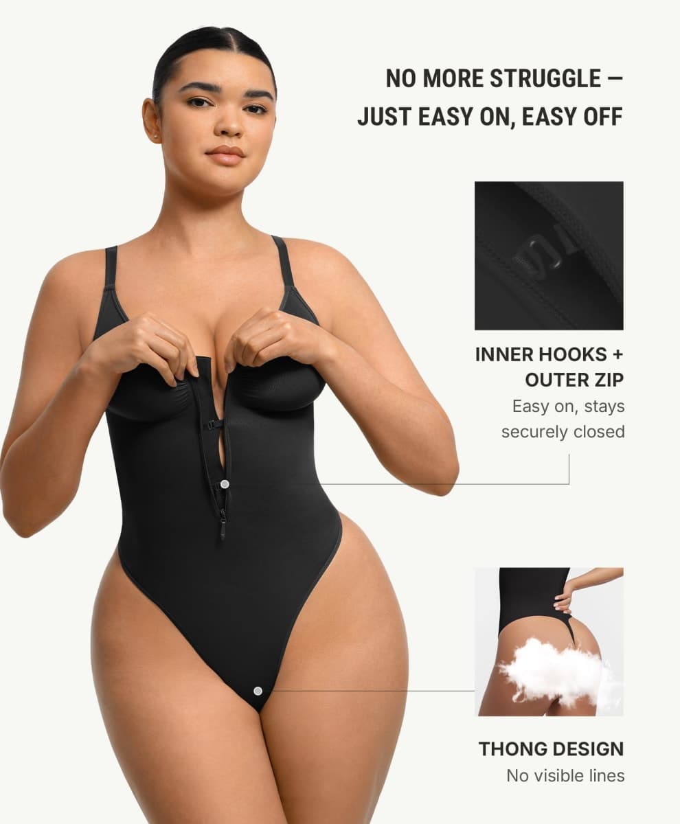 FeelinGirl Shapewear Bodysuit Tummy Control for Women Zip-Up Shapewear Thong Sculpting Snatched Waist V Neck Body Shaper, Black, Medium thumbnail 2