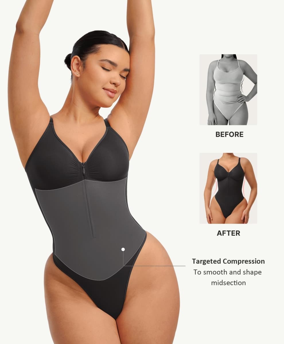 FeelinGirl Shapewear Bodysuit Tummy Control for Women Zip-Up Shapewear Thong Sculpting Snatched Waist V Neck Body Shaper, Black, Medium thumbnail 5
