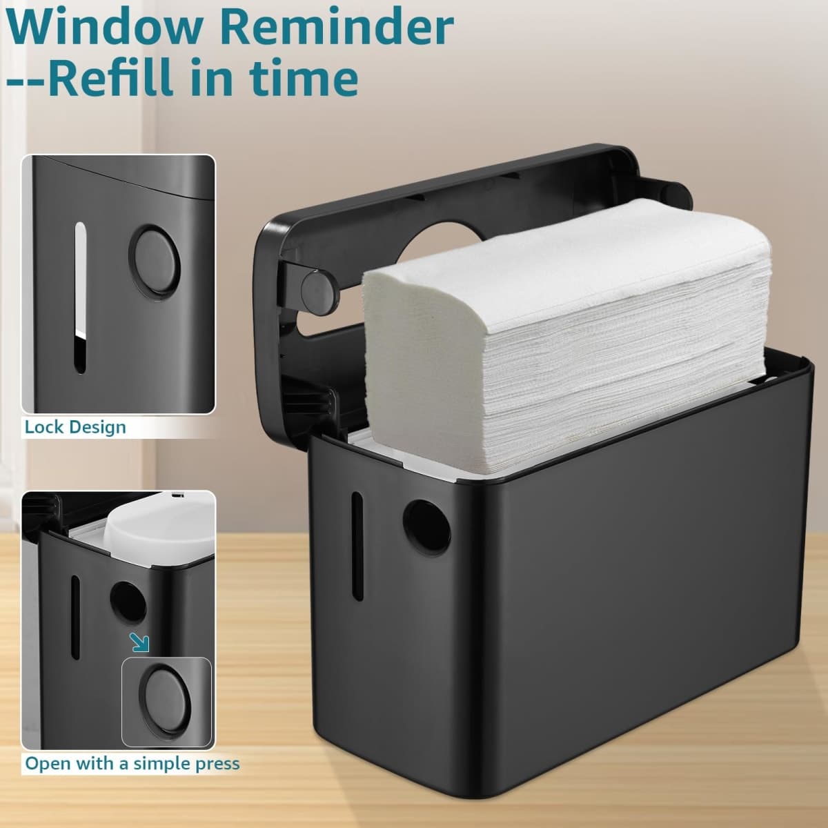 Multifold Paper Towel Dispenser Countertop, Heavy Duty Wide-Design, 300-Sheet Large Capacity Black Paper Towel Holder, Compatible with Tork, AmazonCommercial, Kleenex, Scott, Pacific Multifold Towels thumbnail 3