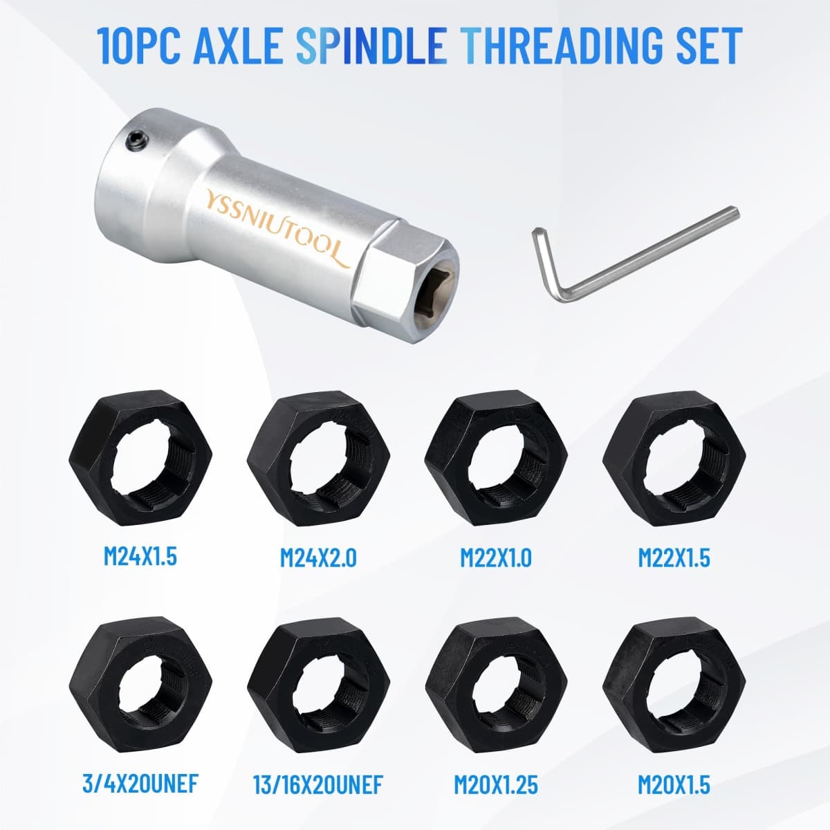 YSSNIUTOOL 10pc Axle Spindle Threading Set, Axle Thread Repair Kit with 8 Dies 1-1/16" Extension Bar, Axle Nut Rethreader with M20 M22 M24 & 13/16" 3/4" UNEF Nuts, Rethreading Tool Kit with Case thumbnail 2
