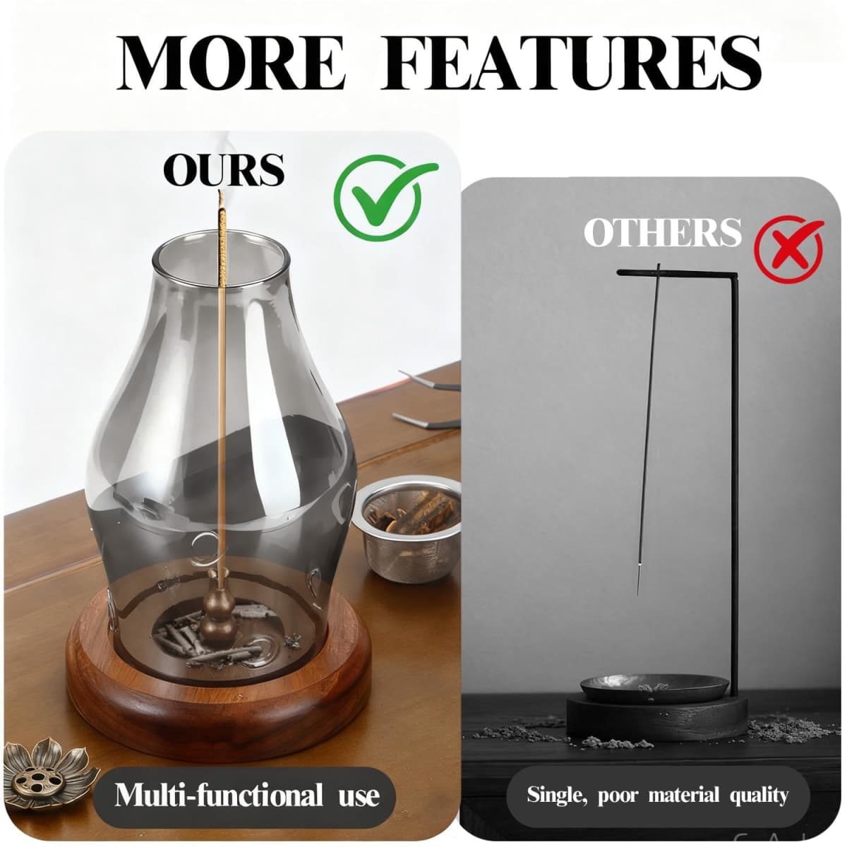 Glass Incense Holder for Sticks, Wooden Incense Stick Holder With Ash Catcher, Modern Insence-Stick Holder, Multi-Functional Anti-Ash Flying Incent Holder for Yoga Spa Meditation Home Zen Decor (Gray) thumbnail 5