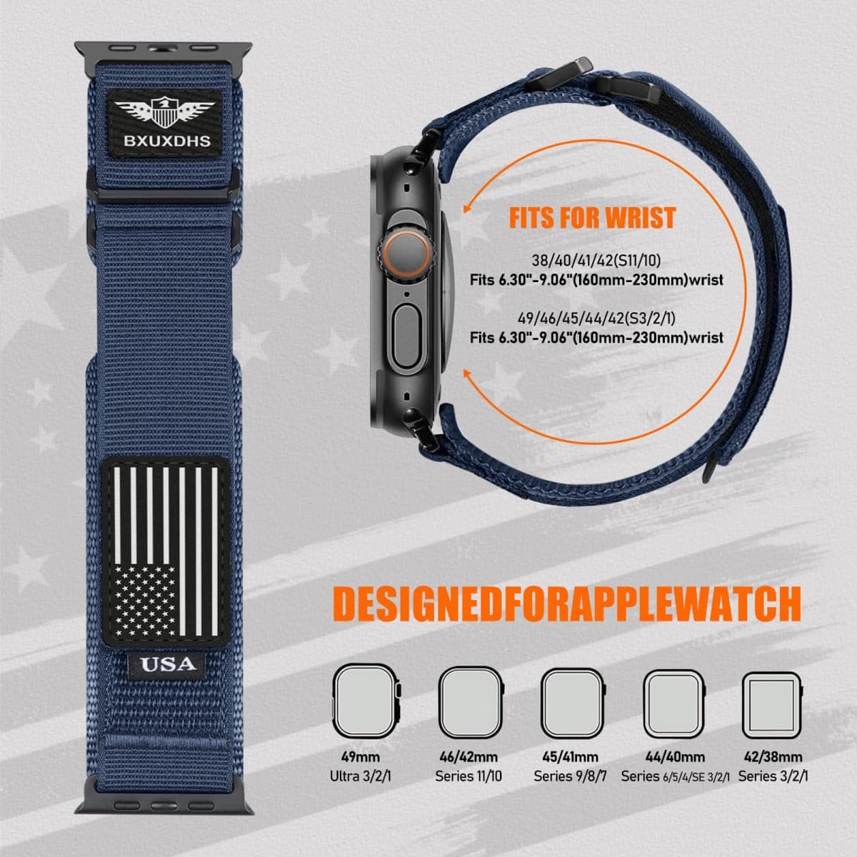 Rugged Nylon Band for Apple Watch Bands for Men Women 42mm 41mm 40mm 38mm Bands Man,Stars-Stripes Flag Woven Sport Strap 30MM Wide Fabric Wristband for Apple Watch Series 11 10 9 8 7 6 5 4 3 SE 3/2 thumbnail 4