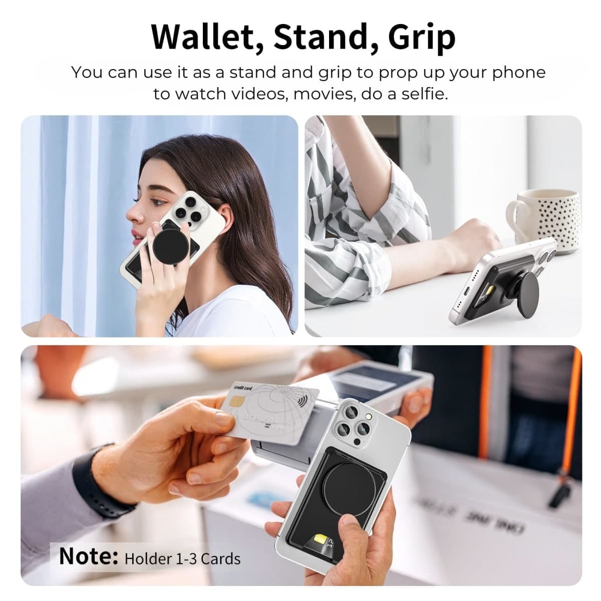 AUROX for Magsafe Phone Grip, Magnetic Wallet Stand Compatible with MagSafe Wallet Stand, Expandable Collapsible Comfortable Phone Grip Holder, for iPhone 17 16 15 14 13 12 Series, Fit 3 Cards, White thumbnail 2