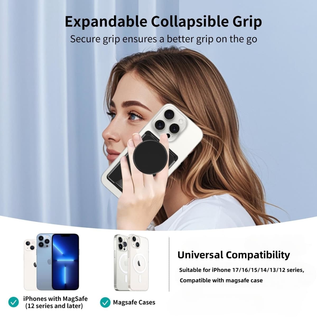 AUROX for Magsafe Phone Grip, Magnetic Wallet Stand Compatible with MagSafe Wallet Stand, Expandable Collapsible Comfortable Phone Grip Holder, for iPhone 17 16 15 14 13 12 Series, Fit 3 Cards, White thumbnail 5