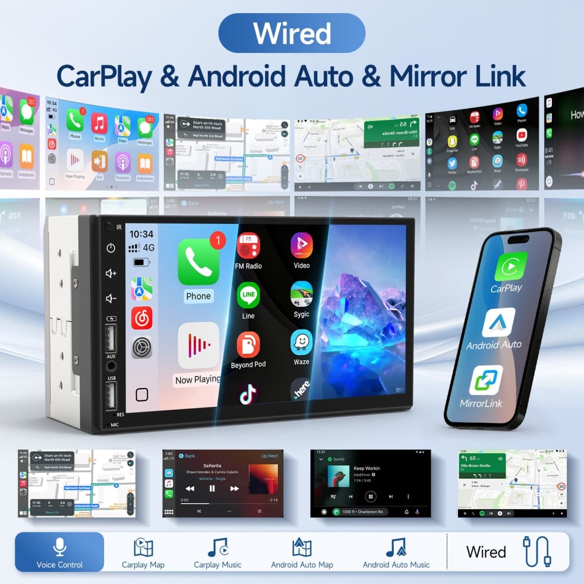 Double Din Car Stereo Compatible with Apple Carplay&Android Auto, 7inch Full HD Capacitive Touchscreen Car Stereo Double Din Radio with Bluetooth, Camera, Mirror Link, FM Radio, 2 USB/TF/AUX/Subwoofer thumbnail 3