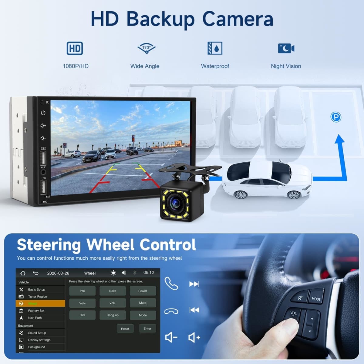 Double Din Car Stereo Compatible with Apple Carplay&Android Auto, 7inch Full HD Capacitive Touchscreen Car Stereo Double Din Radio with Bluetooth, Camera, Mirror Link, FM Radio, 2 USB/TF/AUX/Subwoofer thumbnail 5