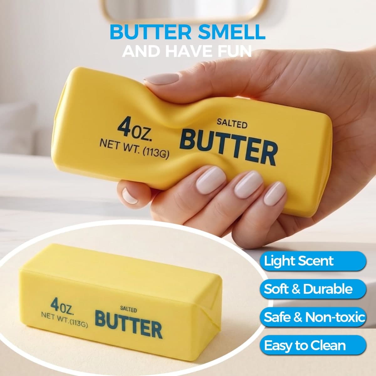XQOQO Butter Squishy, Soft Slow Rising Squeeze Toys, Butter Stick Squishy Fidget Toys and Stress Balls Squishies for Office Desk Toys, Party Favors & Birthday Gifts(Yellow) thumbnail 5
