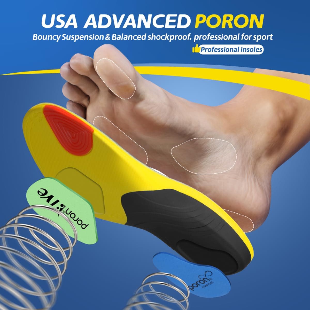 Professional Sport Insoles with Medium Arch Support and Shock Absorption for Plantar Fasciitis and Flat Feet Pain Relief in Men and Women, Orthotics Shoe Insert, Breathable & Anti-Slip, Blue, XL thumbnail 2