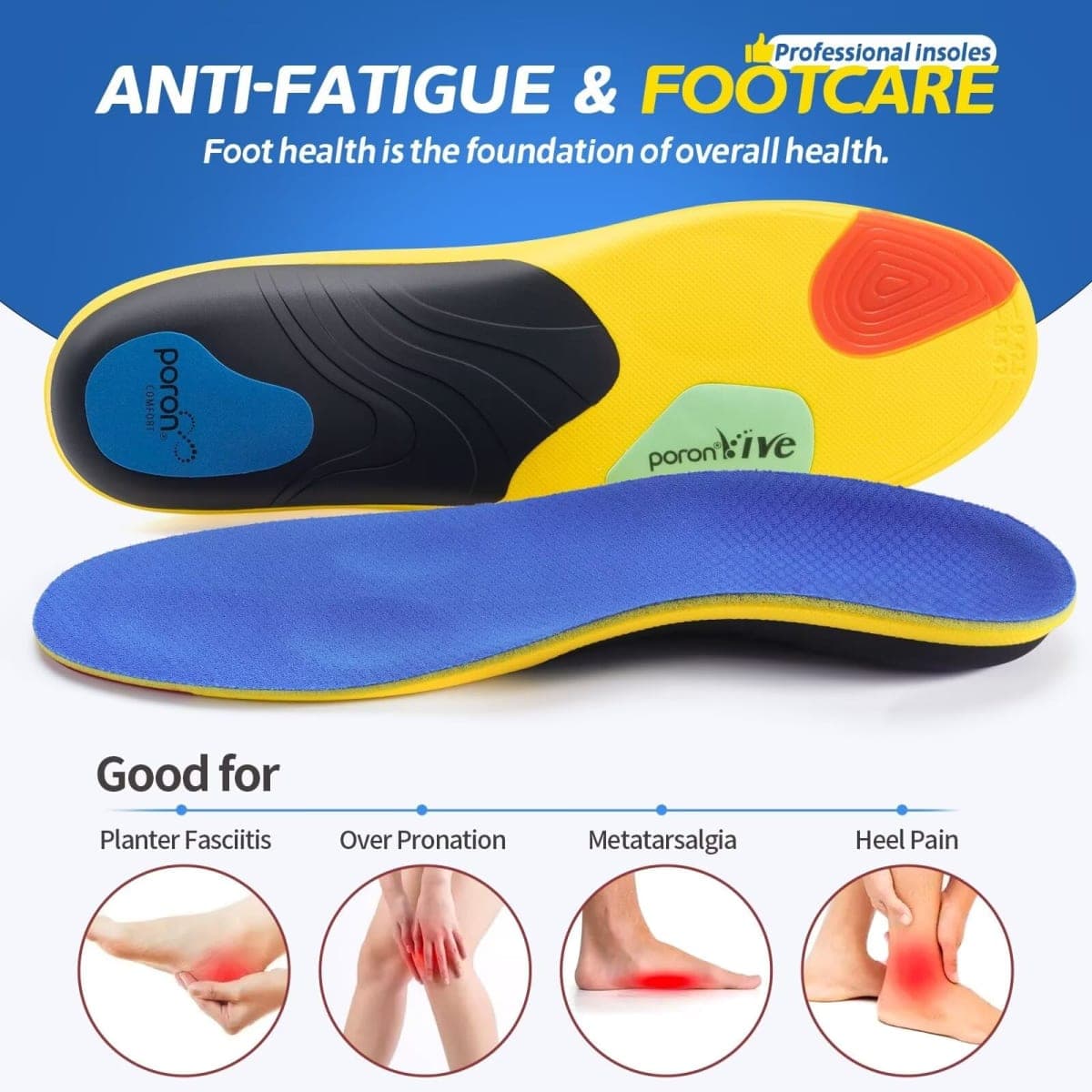 Professional Sport Insoles with Medium Arch Support and Shock Absorption for Plantar Fasciitis and Flat Feet Pain Relief in Men and Women, Orthotics Shoe Insert, Breathable & Anti-Slip, Blue, XL thumbnail 4