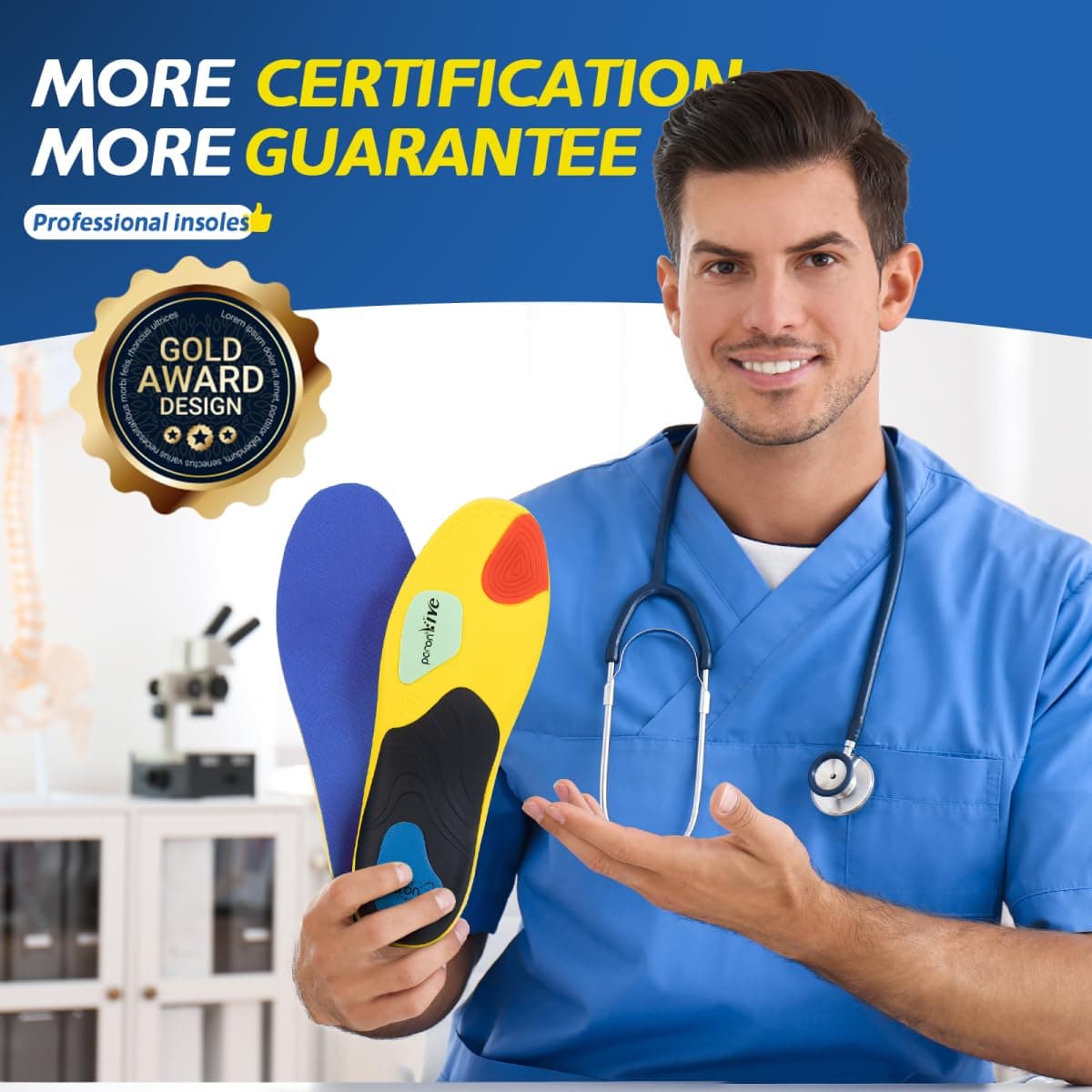 Professional Sport Insoles with Medium Arch Support and Shock Absorption for Plantar Fasciitis and Flat Feet Pain Relief in Men and Women, Orthotics Shoe Insert, Breathable & Anti-Slip, Blue, XL thumbnail 5