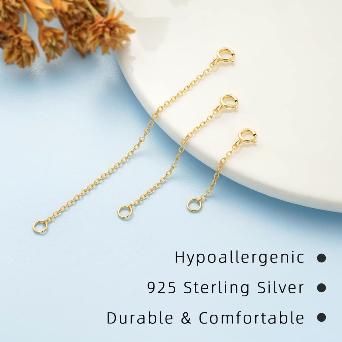 Gold Necklace Extenders 14k Extender Chain 925 Sterling Silver Extension Bracelet Chain Extenders for Necklaces 3 Pcs (1 2 3 Inch)(Gold) thumbnail 5