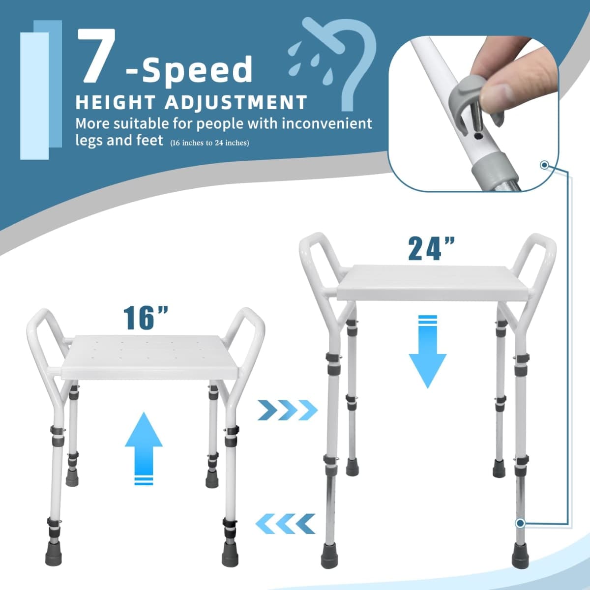 FstChoyis Shower Chair Seat with Arm - H-2312, White Iron, Adjustable Height 16-24 Inches, Anti-Slip Suction Feet, Double-Sided Handrails, 14 Drainage Holes thumbnail 3