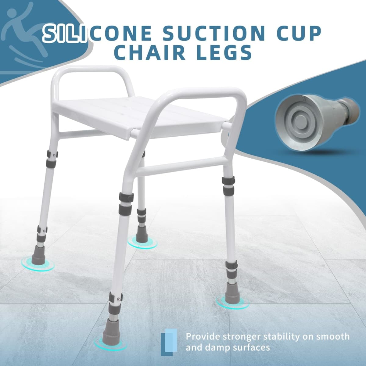 FstChoyis Shower Chair Seat with Arm - H-2312, White Iron, Adjustable Height 16-24 Inches, Anti-Slip Suction Feet, Double-Sided Handrails, 14 Drainage Holes thumbnail 4