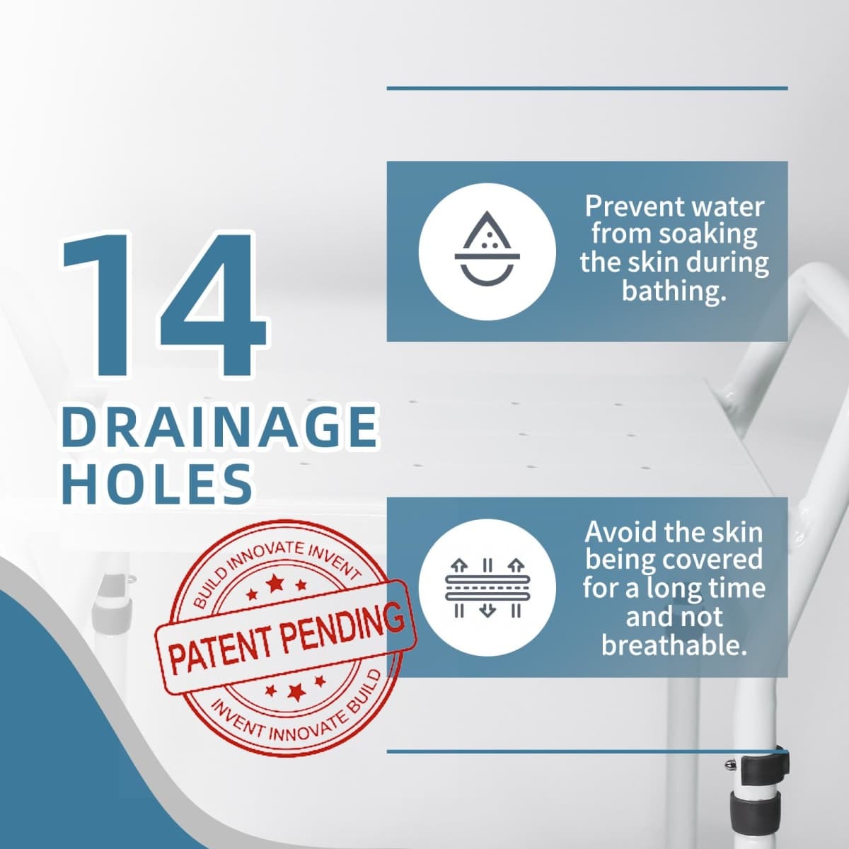 FstChoyis Shower Chair Seat with Arm - H-2312, White Iron, Adjustable Height 16-24 Inches, Anti-Slip Suction Feet, Double-Sided Handrails, 14 Drainage Holes thumbnail 5