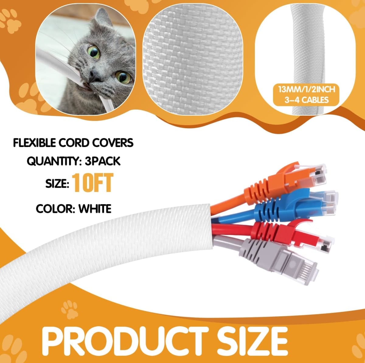 Poen 3 Pack Heavy Duty Cord Cover from Small Pets No Chew, 10ft Cord Protectors, Easy to Use, Durable Electrical Cable Management Sleeve for Rabbits, Dogs, Cats and Other Animals, White thumbnail 2