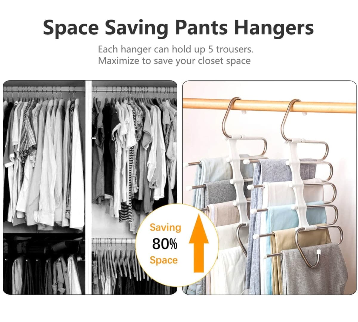 Upgrade Azeroth Pants Hangers 2 Pack Space Saving S-Type Stainless Steelï¼ŒAnti-Slip Design,Clothes Closet Storage Organizer for Jeans Trousers Skirts Scarf (White) thumbnail 2