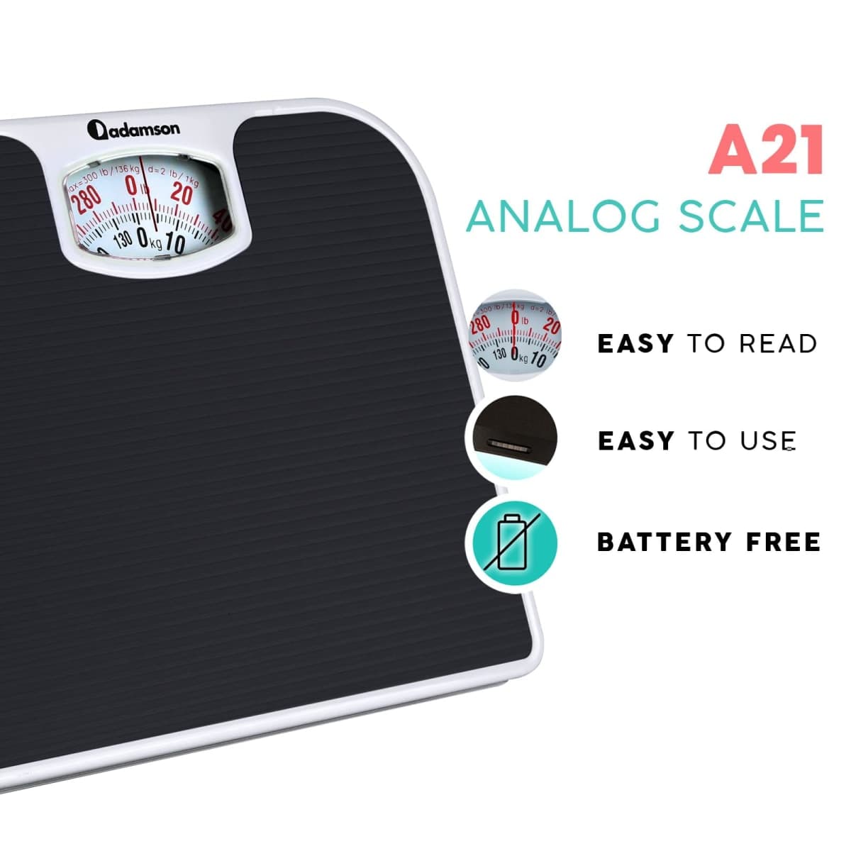 Adamson A21 Analog Scales for Body Weight - Up to 300 LB - New Version - Anti-Skid Rubber Surface - Large Numbers - Analog Bathroom Scale - Affordable - Durable with 20-Year Assurance - Black thumbnail 2