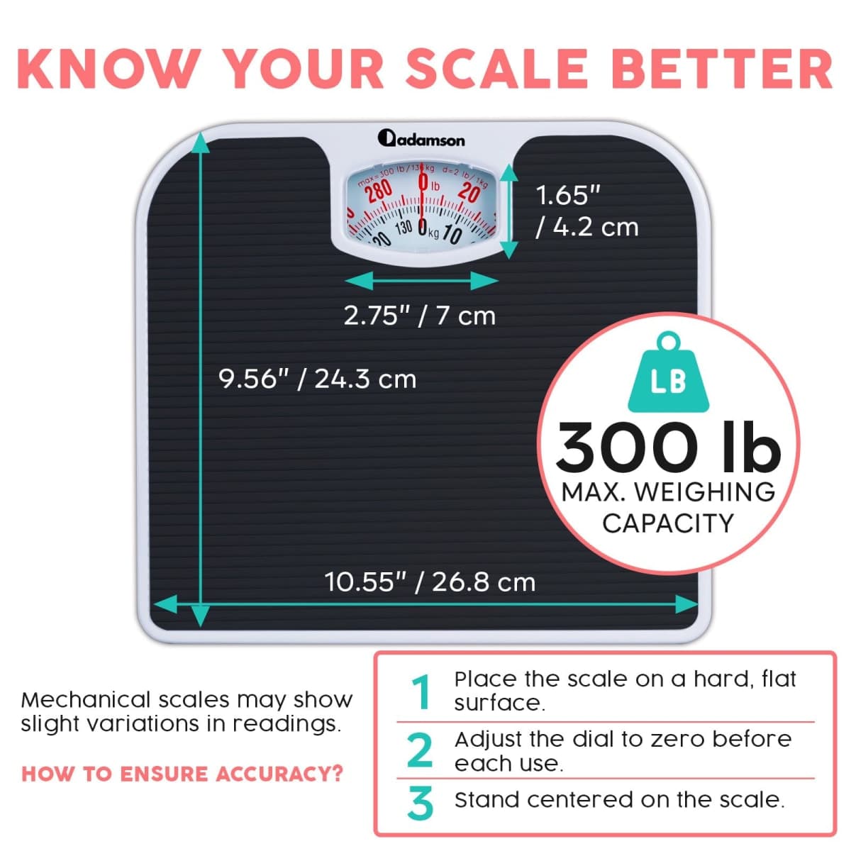 Adamson A21 Analog Scales for Body Weight - Up to 300 LB - New Version - Anti-Skid Rubber Surface - Large Numbers - Analog Bathroom Scale - Affordable - Durable with 20-Year Assurance - Black thumbnail 4