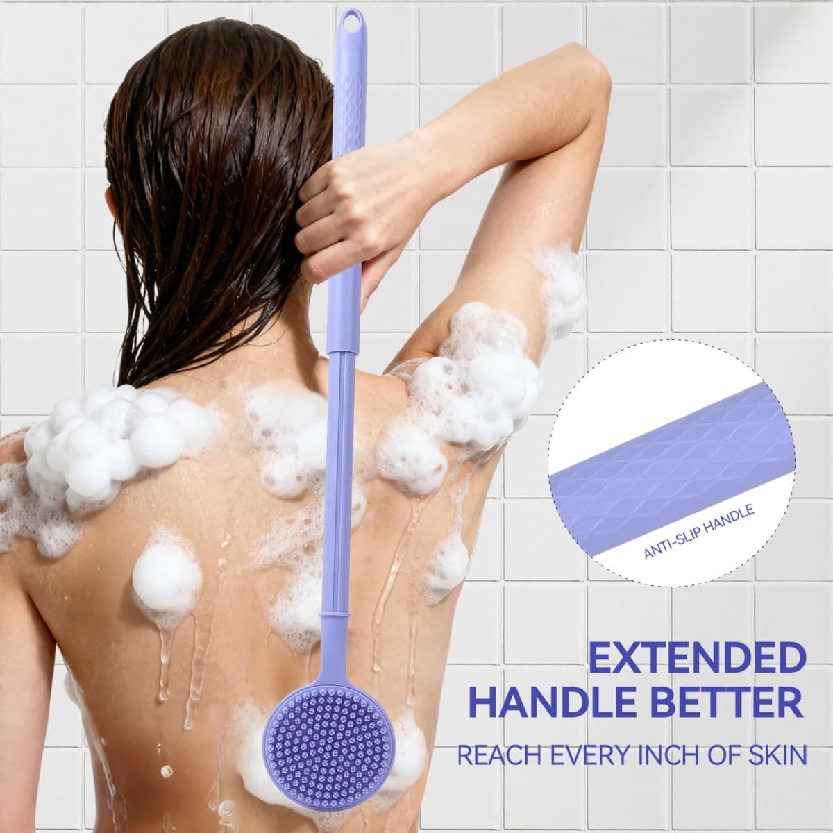 Back Scrubber for Shower, (16-24 Inch) Extendable Bath Brush Long Handle for Shower, Silicone Body Scrubber with Handle, Back Brush for Shower Men and Women,Easy to Clean (Purple) thumbnail 2