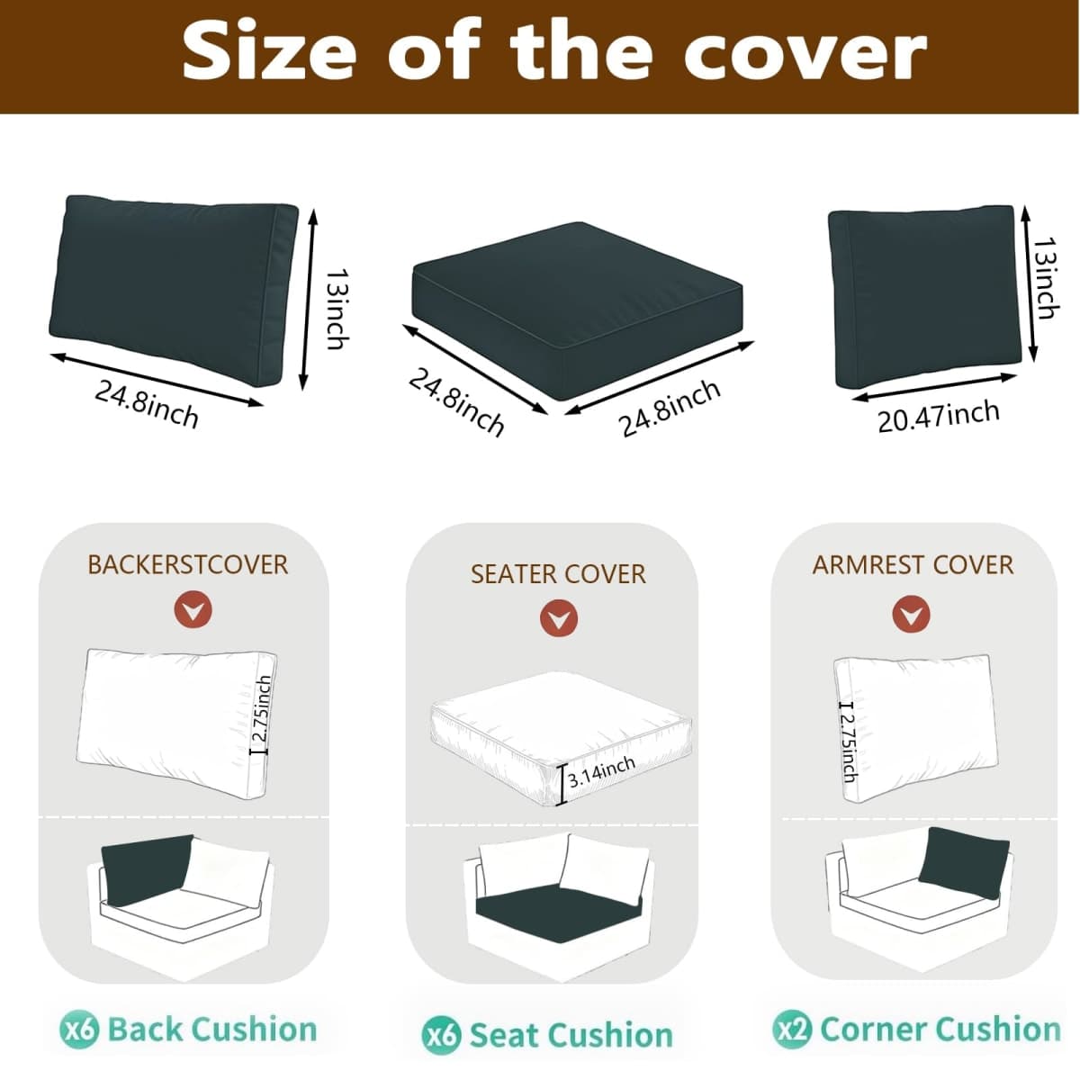 Renaxara 14 Pcs Outdoor Cushion Slipcovers, Patio Furniture Cushion Cover Raplacement, Water-Resistant Patio Furniture Cushion Covers with Zipper (Grey, 24.8Lx24.8Wx3.14H) thumbnail 3