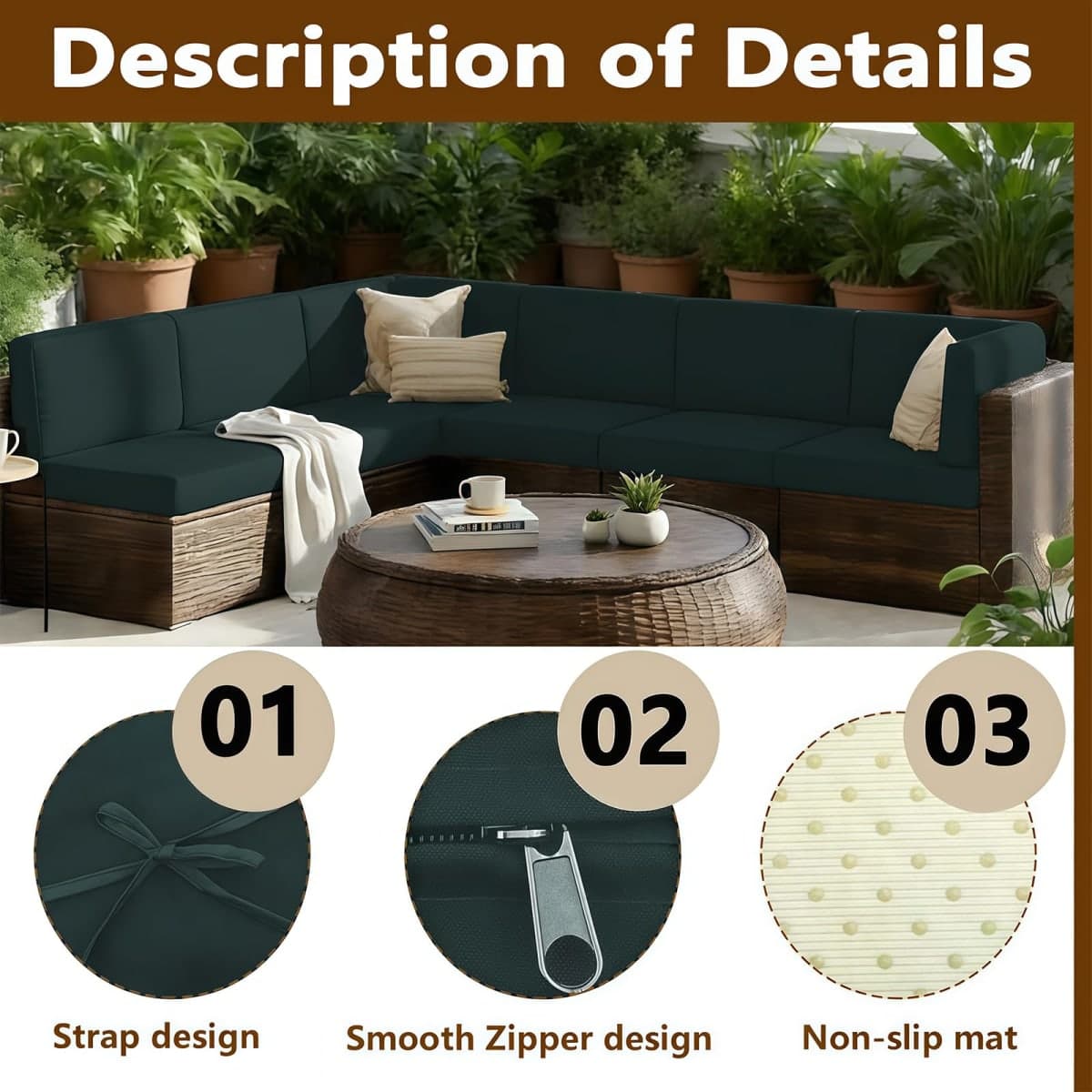 Renaxara 14 Pcs Outdoor Cushion Slipcovers, Patio Furniture Cushion Cover Raplacement, Water-Resistant Patio Furniture Cushion Covers with Zipper (Grey, 24.8Lx24.8Wx3.14H) thumbnail 5