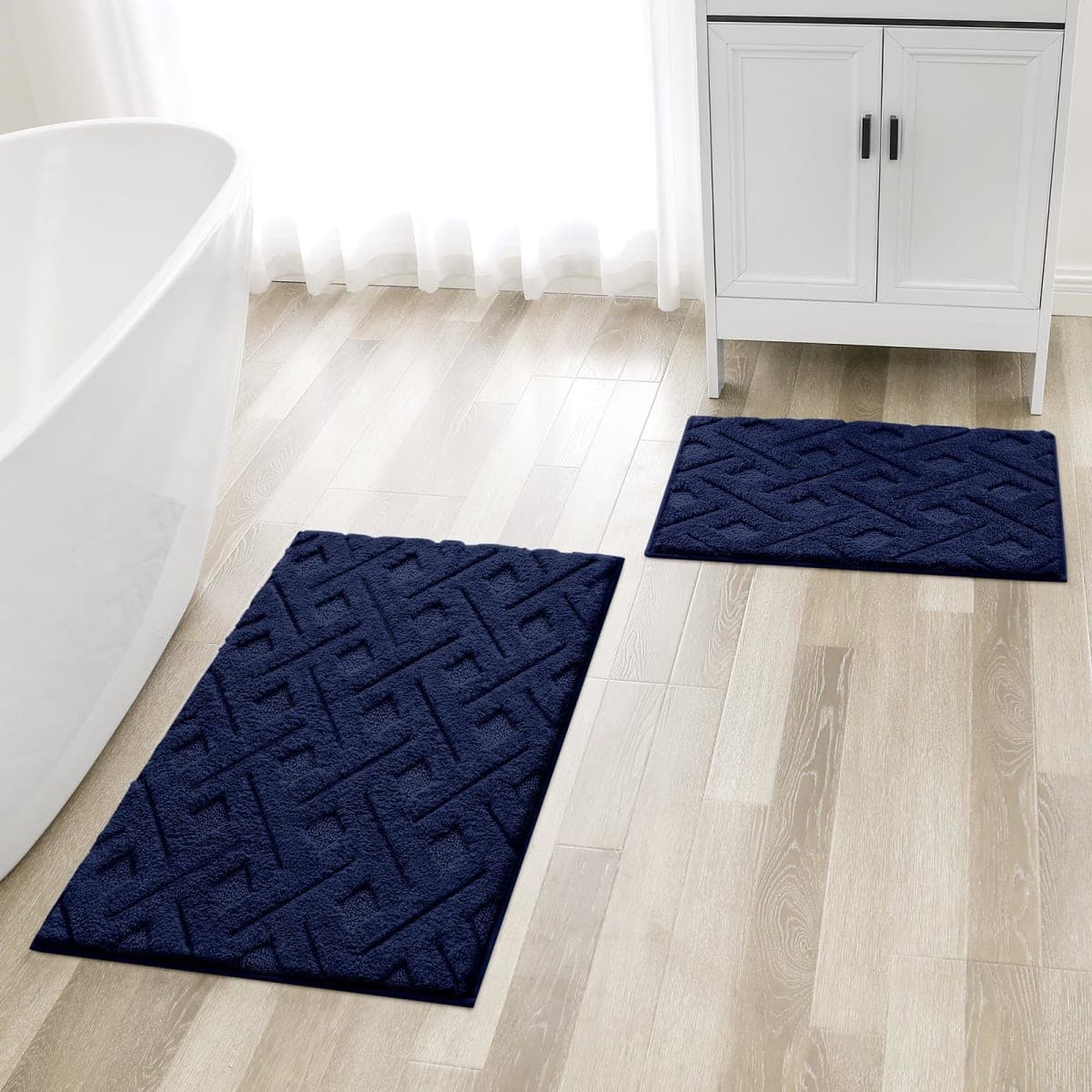HOMEIDEAS Bathroom Rugs Sets 2 Piece, Extra Soft Shaggy Absorbent Non Slip Machine Washable Grid Bath Mat for Floor, Tub and Shower (Navy Blue) thumbnail 2