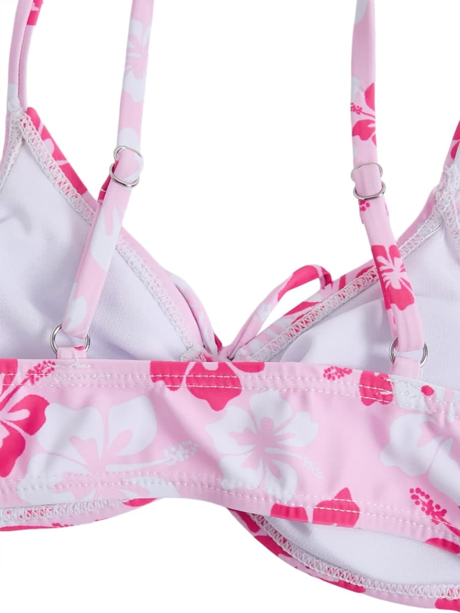 COZYEASE Girls' 2 Piece Ditsy Floral Print Knot Front Ruched Triangle Bikini Swimsuit, Pure Blue, 14 Years thumbnail 4