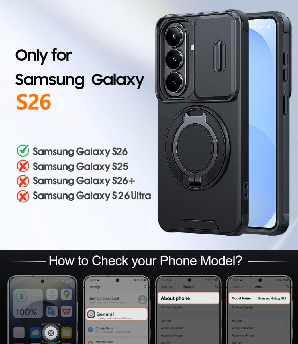 JAME for Samsung Galaxy S26 Case, Ring Holder Stand Kickstand, Slide Camera Cover with Screen Protector, Dual-Layer Shockproof Protective, Magnetic Accessory Friendly Galaxy S26 Phone Case, Black thumbnail 2