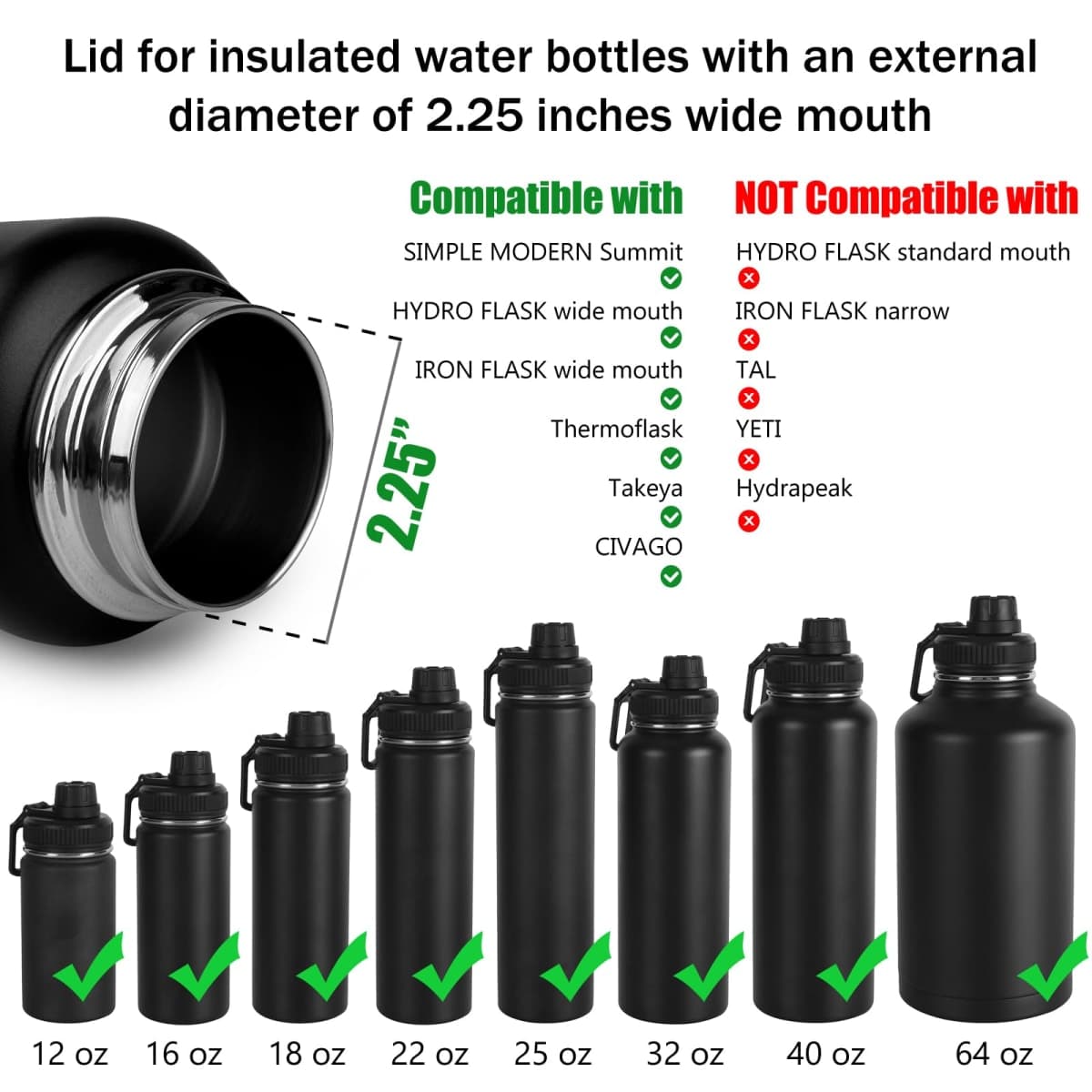 DEFUNX Water Bottle Lid Replacement Spout Top for Wide Mouth Water Bottle 22/24/32/40/64 Oz Cap Suitable for Mouth Opening 2.25 In Black thumbnail 2