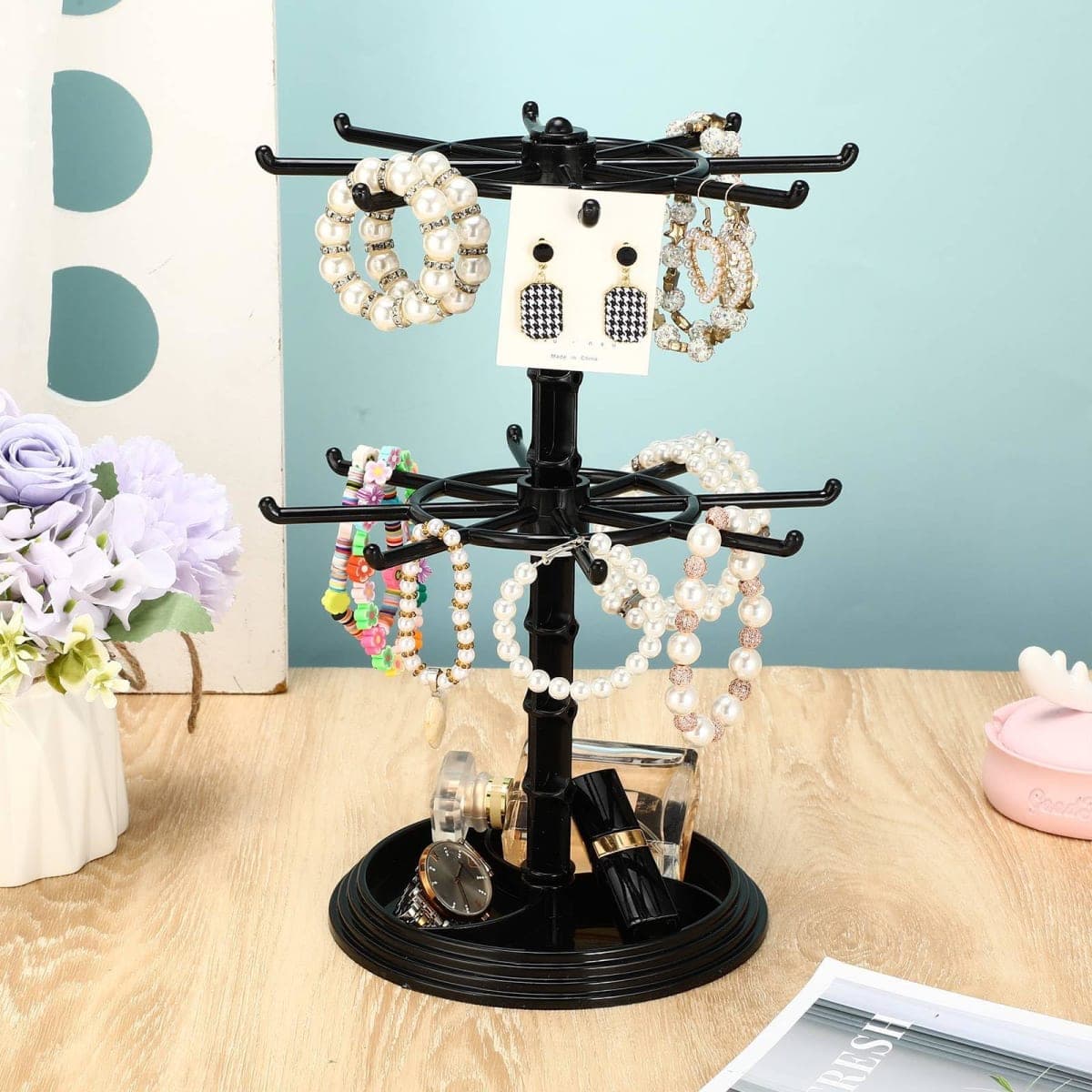 Yuntau 2 Pack Rotating Jewelry Tower Jewelry Stand, Black Plastic Display Holder Rotating Necklace Holder Rack Jewelry Tree Stand Display Organizer for Necklaces, Bracelets, Earrings, Ring (2 Tier) thumbnail 2