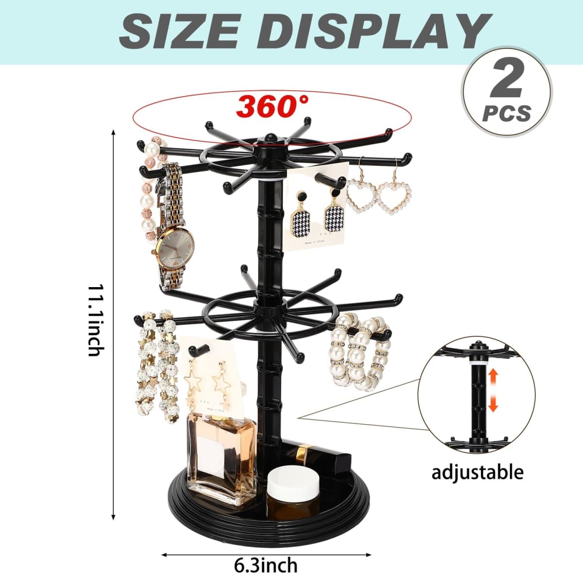 Yuntau 2 Pack Rotating Jewelry Tower Jewelry Stand, Black Plastic Display Holder Rotating Necklace Holder Rack Jewelry Tree Stand Display Organizer for Necklaces, Bracelets, Earrings, Ring (2 Tier) thumbnail 3