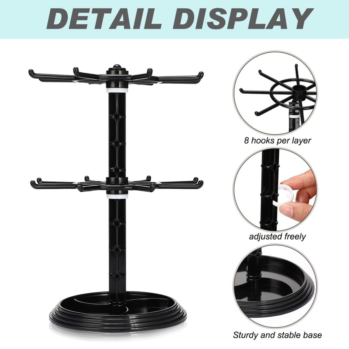 Yuntau 2 Pack Rotating Jewelry Tower Jewelry Stand, Black Plastic Display Holder Rotating Necklace Holder Rack Jewelry Tree Stand Display Organizer for Necklaces, Bracelets, Earrings, Ring (2 Tier) thumbnail 4
