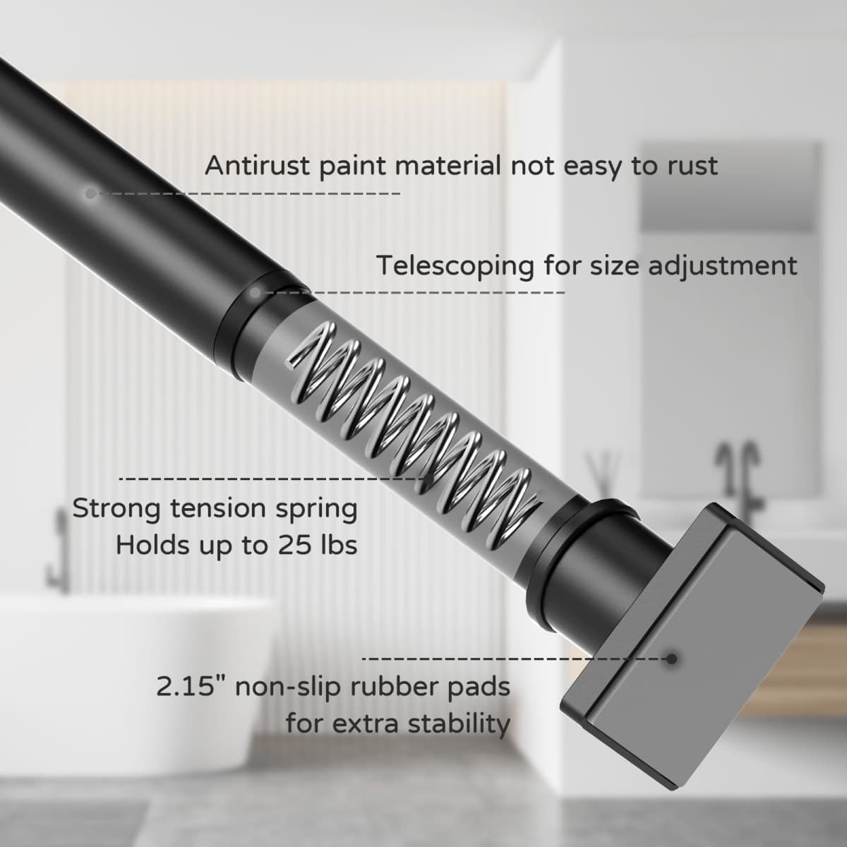 UIOSANRT Shower Curtain Rod Adjustable 31-79", Anti-Rust Shower Rod & Spring Tension Shower Rod No Drill, Black Shower Curtain Rod for Bathroom Tension Rod thumbnail 3