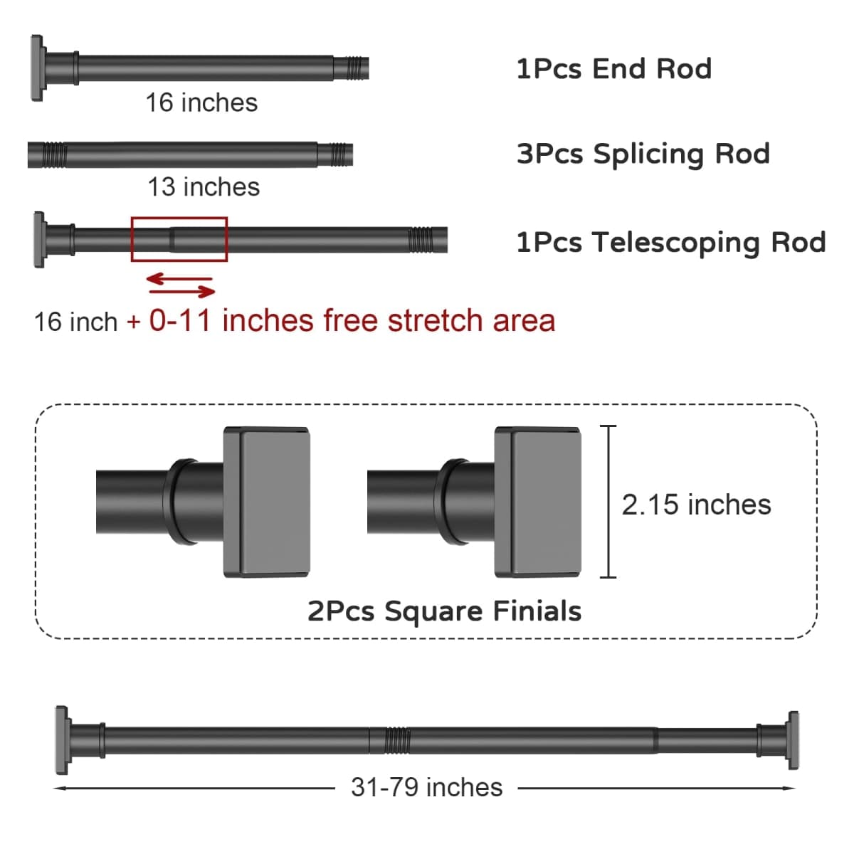 UIOSANRT Shower Curtain Rod Adjustable 31-79", Anti-Rust Shower Rod & Spring Tension Shower Rod No Drill, Black Shower Curtain Rod for Bathroom Tension Rod thumbnail 5