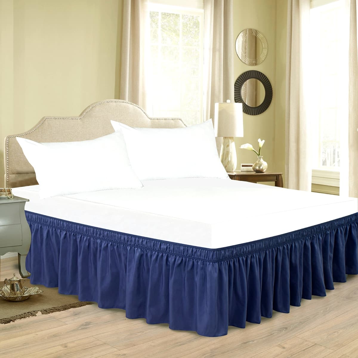 Biscaynebay Wrap Around Bed Skirts for Full & Full XL Beds 22" Long Drop, Navy Adjustable Elastic Dust Ruffles Easy Fit Wrinkle Resistant Silky Luxurious Fabric Machine Washable thumbnail 2