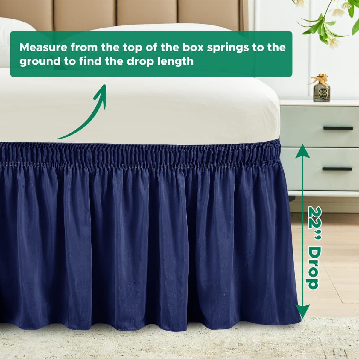 Biscaynebay Wrap Around Bed Skirts for Full & Full XL Beds 22" Long Drop, Navy Adjustable Elastic Dust Ruffles Easy Fit Wrinkle Resistant Silky Luxurious Fabric Machine Washable thumbnail 4