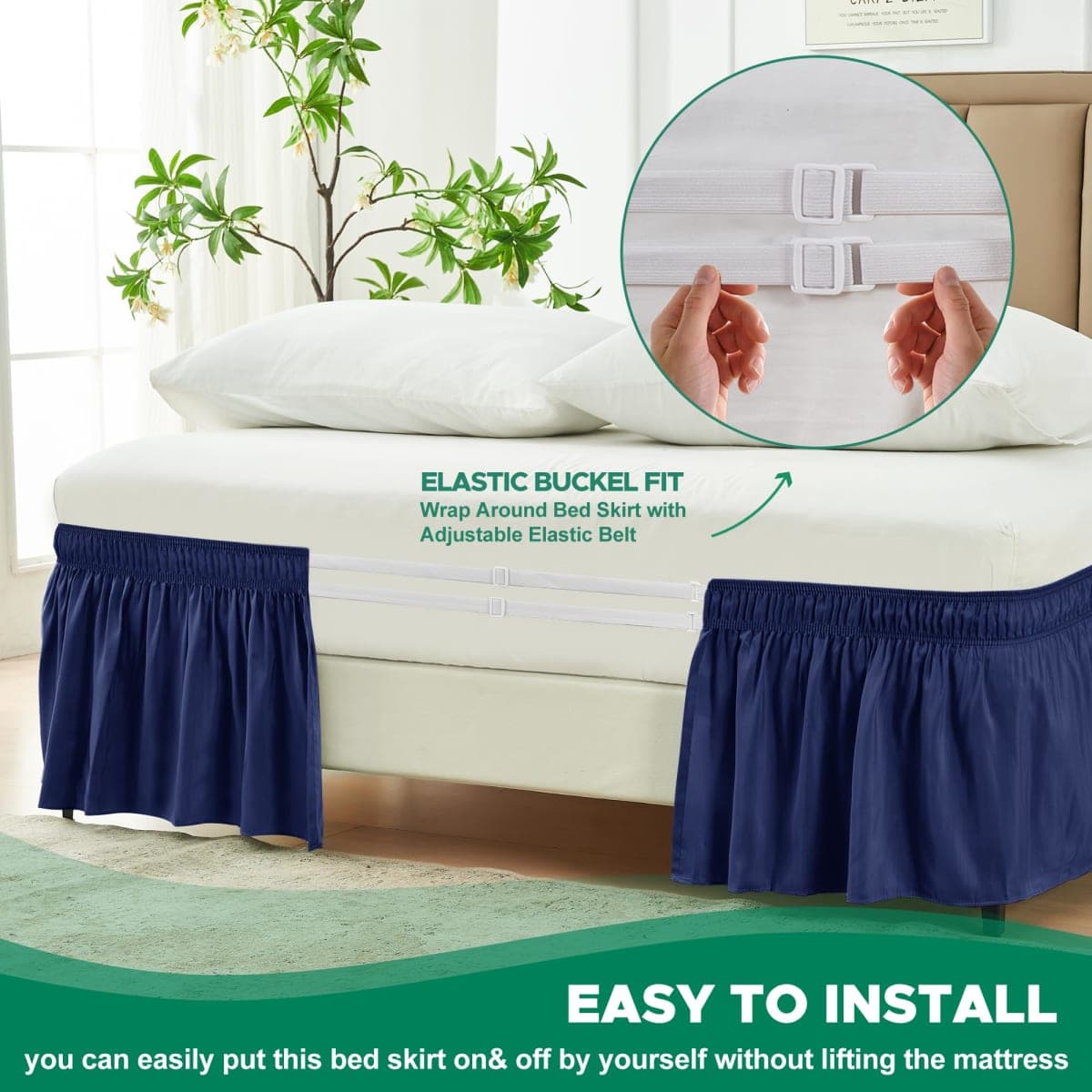 Biscaynebay Wrap Around Bed Skirts for Full & Full XL Beds 22" Long Drop, Navy Adjustable Elastic Dust Ruffles Easy Fit Wrinkle Resistant Silky Luxurious Fabric Machine Washable thumbnail 5